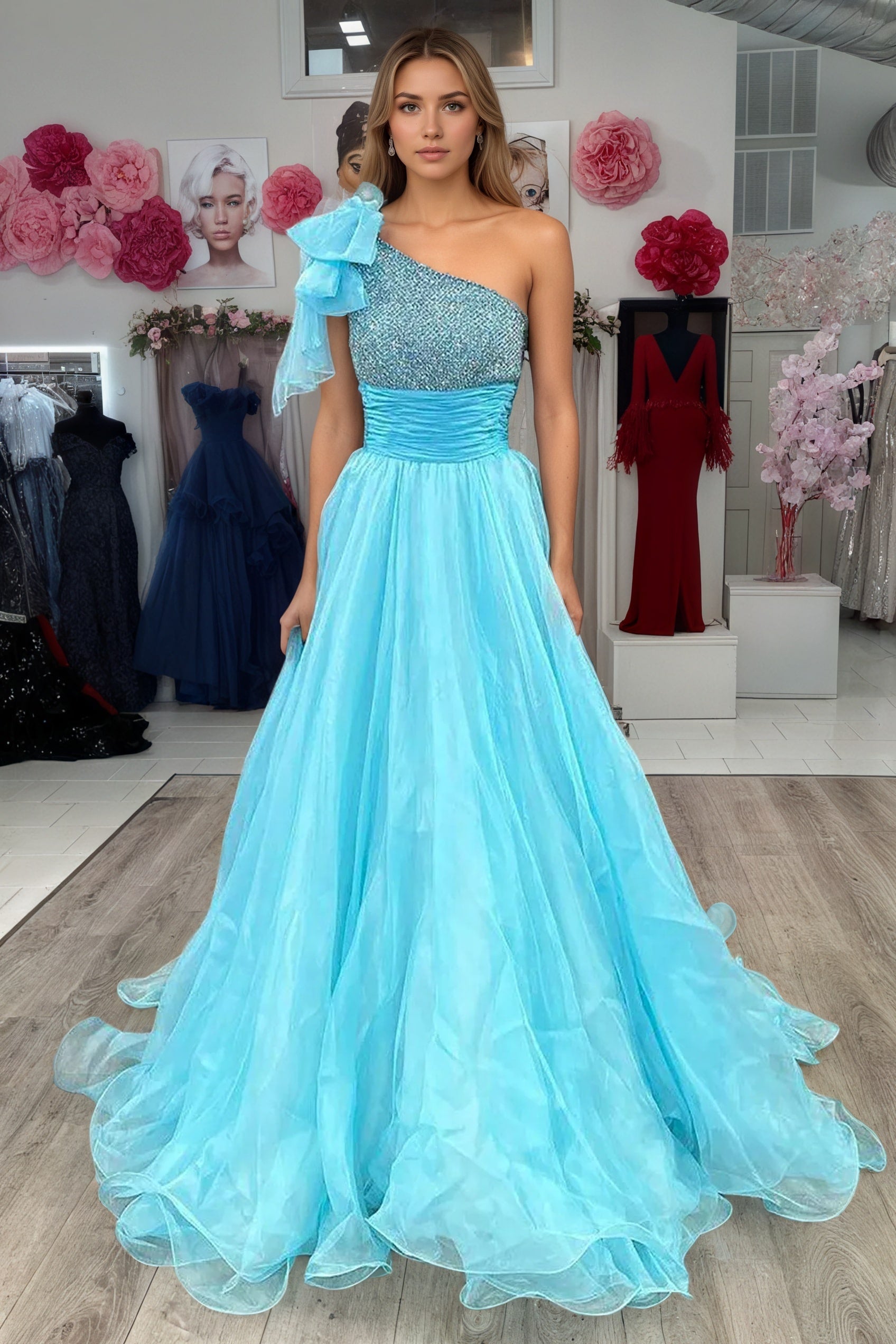 A Line Sparkly Sky Blue One Shoulder Long Prom Dress with Beading