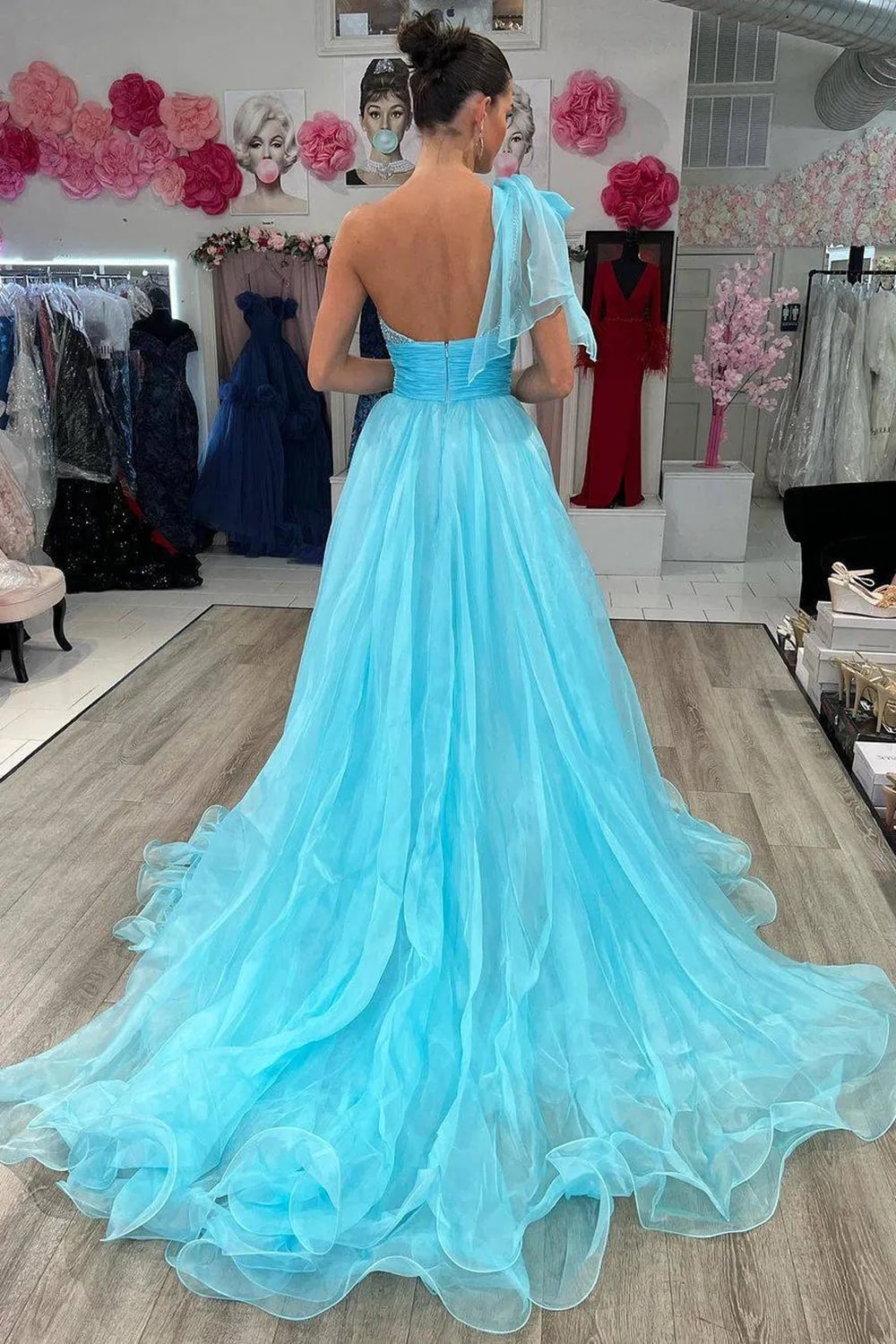 A Line Sparkly Sky Blue One Shoulder Long Prom Dress with Beading