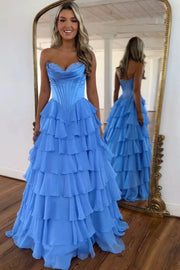 A Line Blue Sweetheart Chiffon Ruffled Long Corset Prom Dress with Slit