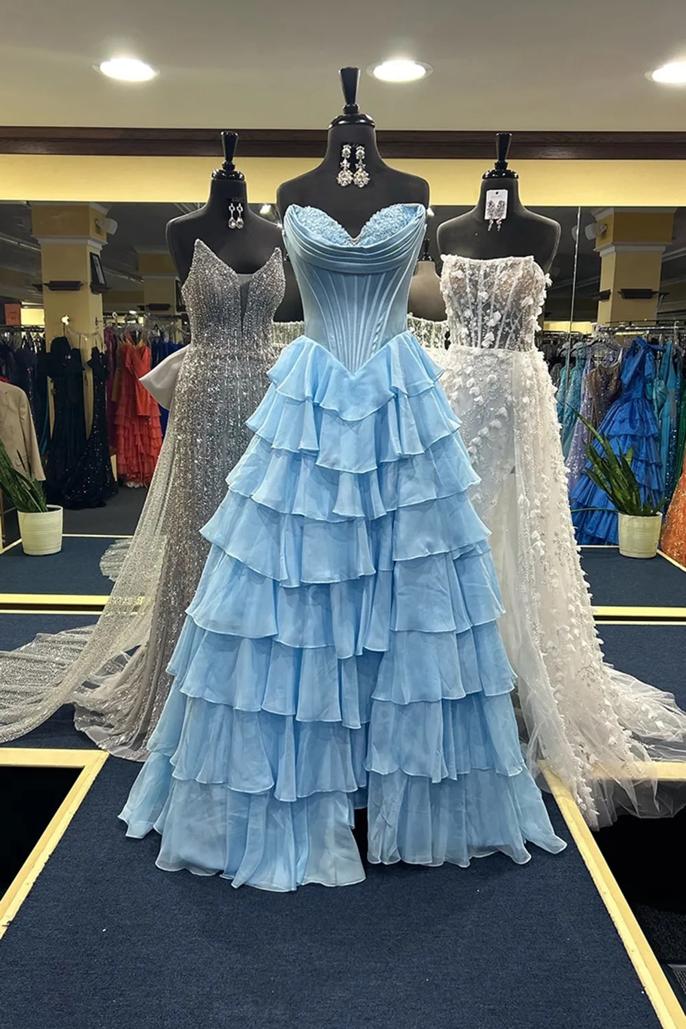 A Line Blue Sweetheart Chiffon Ruffled Long Corset Prom Dress with Slit