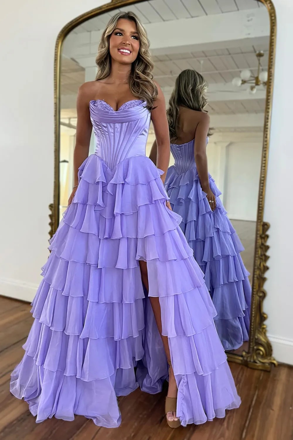 A Line Blue Sweetheart Chiffon Ruffled Long Corset Prom Dress with Slit