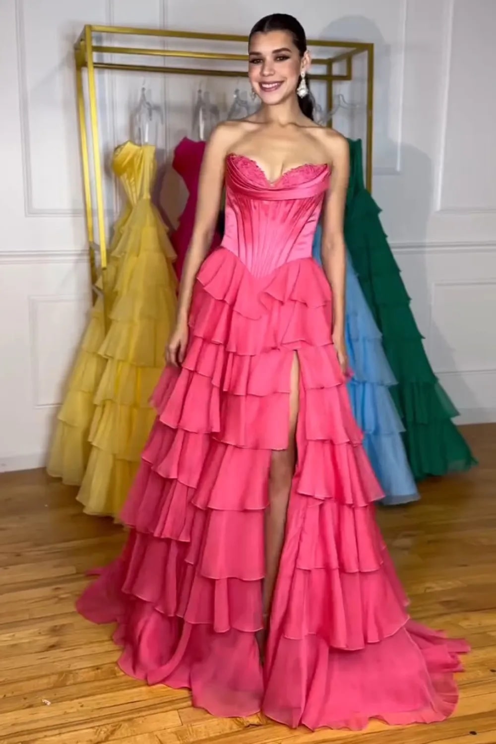 A Line Blue Sweetheart Chiffon Ruffled Long Corset Prom Dress with Slit