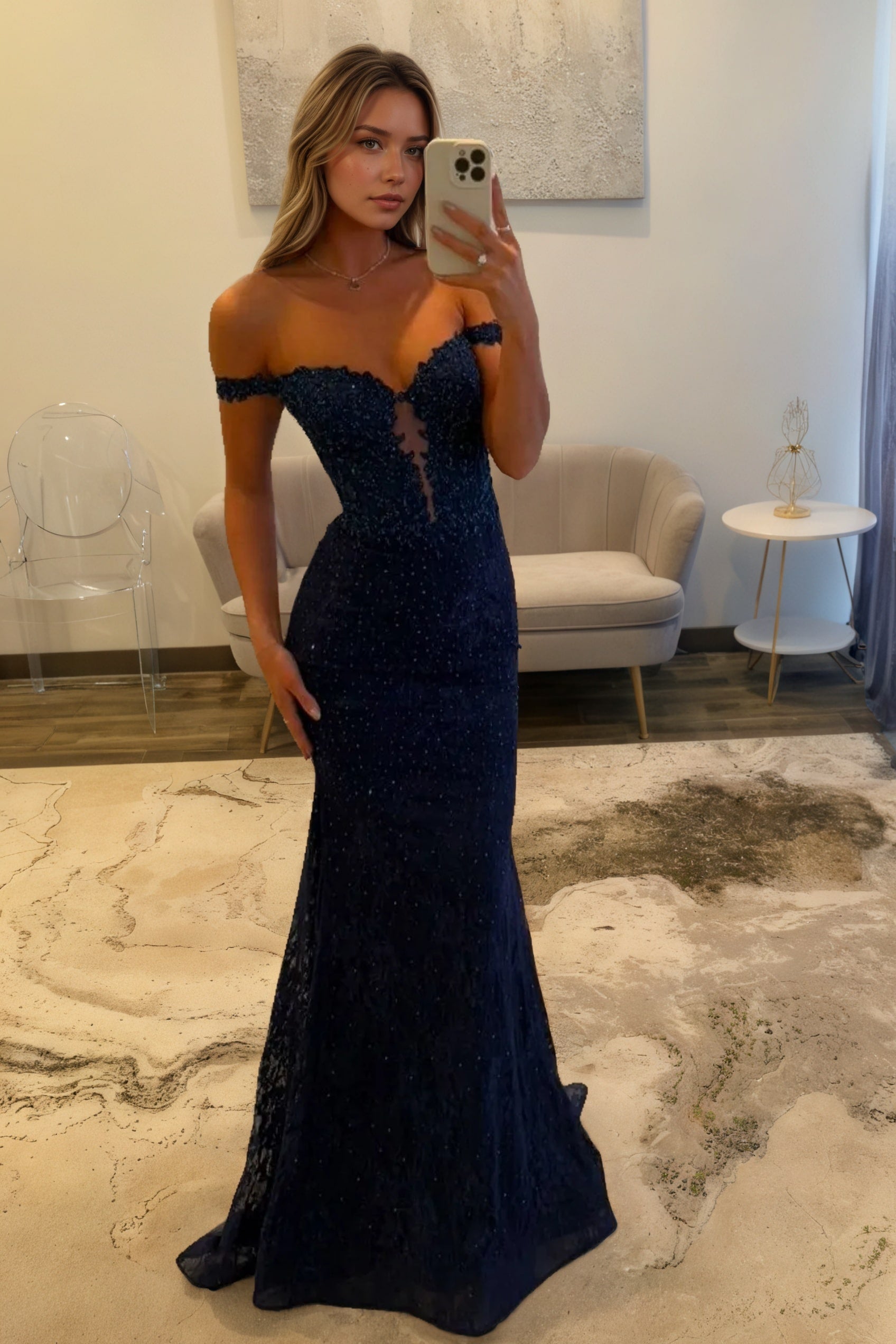 Sparkly Off the Shoulder Navy Mermaid Corset Long Lace Prom Dress