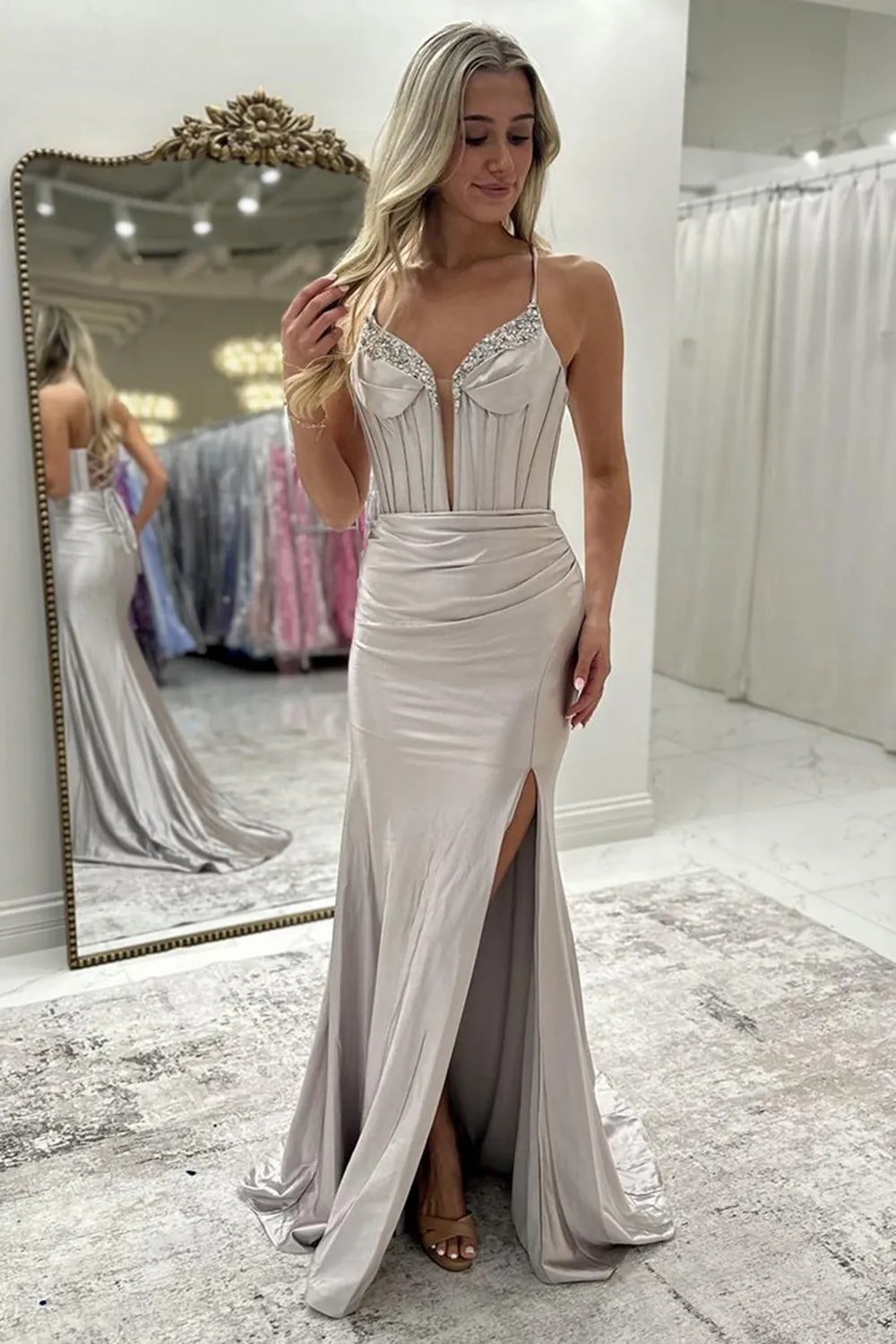 Mermaid Fuchsia Spaghetti Straps Satin Long Corset Prom Dress with Beading