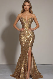 Sparkly Gold Sequins Mermaid Strapless Long Formal Dress with Slit