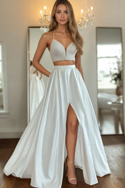 A Line White 2 Piece Satin V-Neck Long Prom Dress with Slit