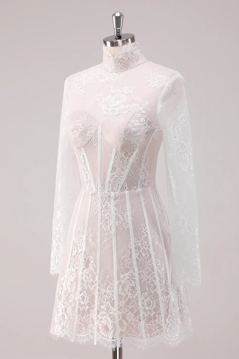 Elegant White Lace High Neck Corset Mini Homecoming Dress with Long Sleeves