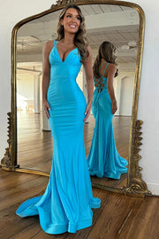Elegant Blue Satin Spaghetti Straps Backless Deep V-Neck Long Mermaid Prom Dress