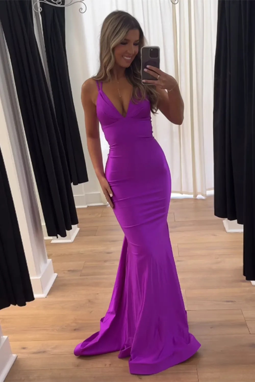 Elegant Blue Satin Spaghetti Straps Backless Deep V-Neck Long Mermaid Prom Dress
