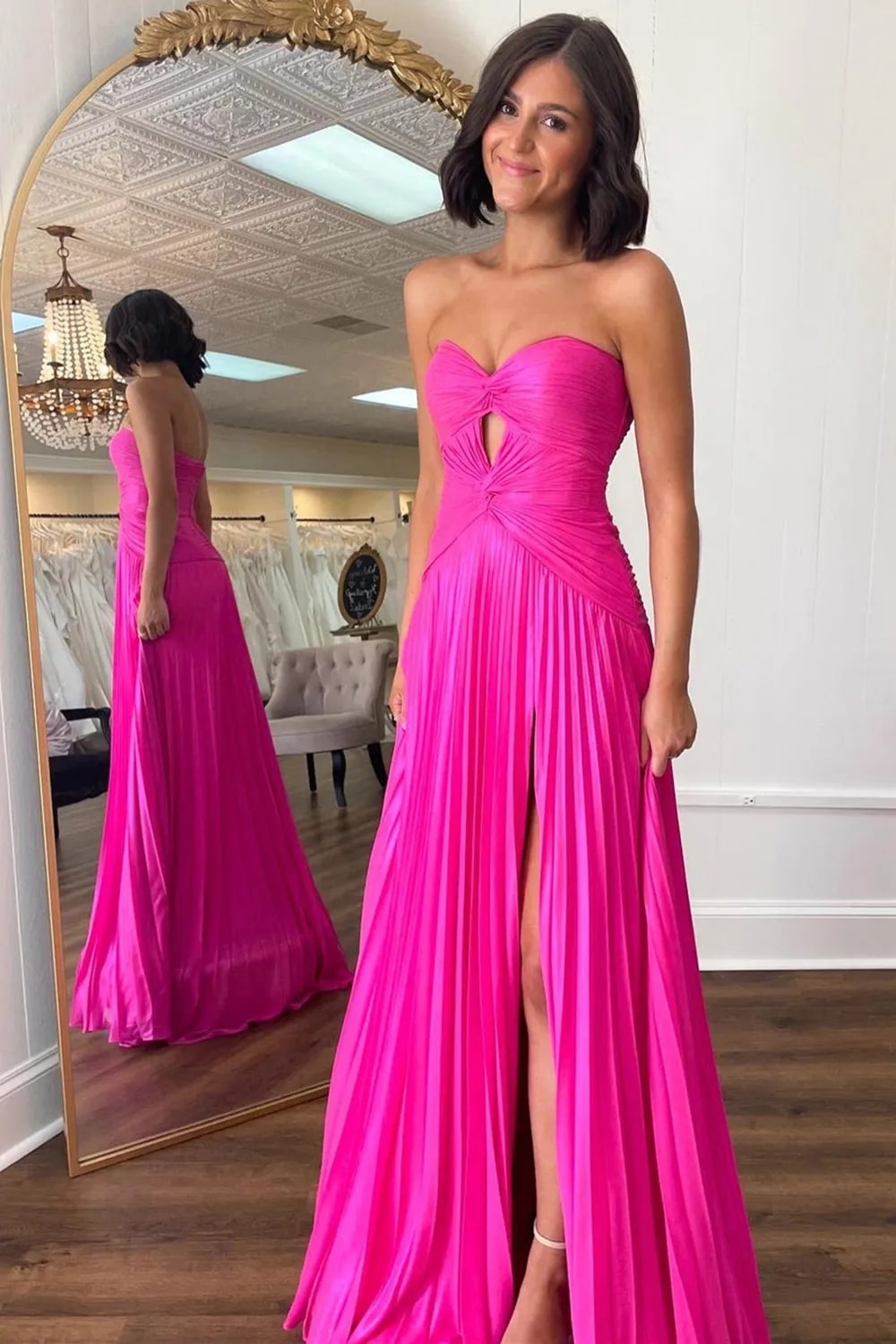 A Line Green Strapless Sweetheart Keyhole Long Pleated Prom Dress with Slit