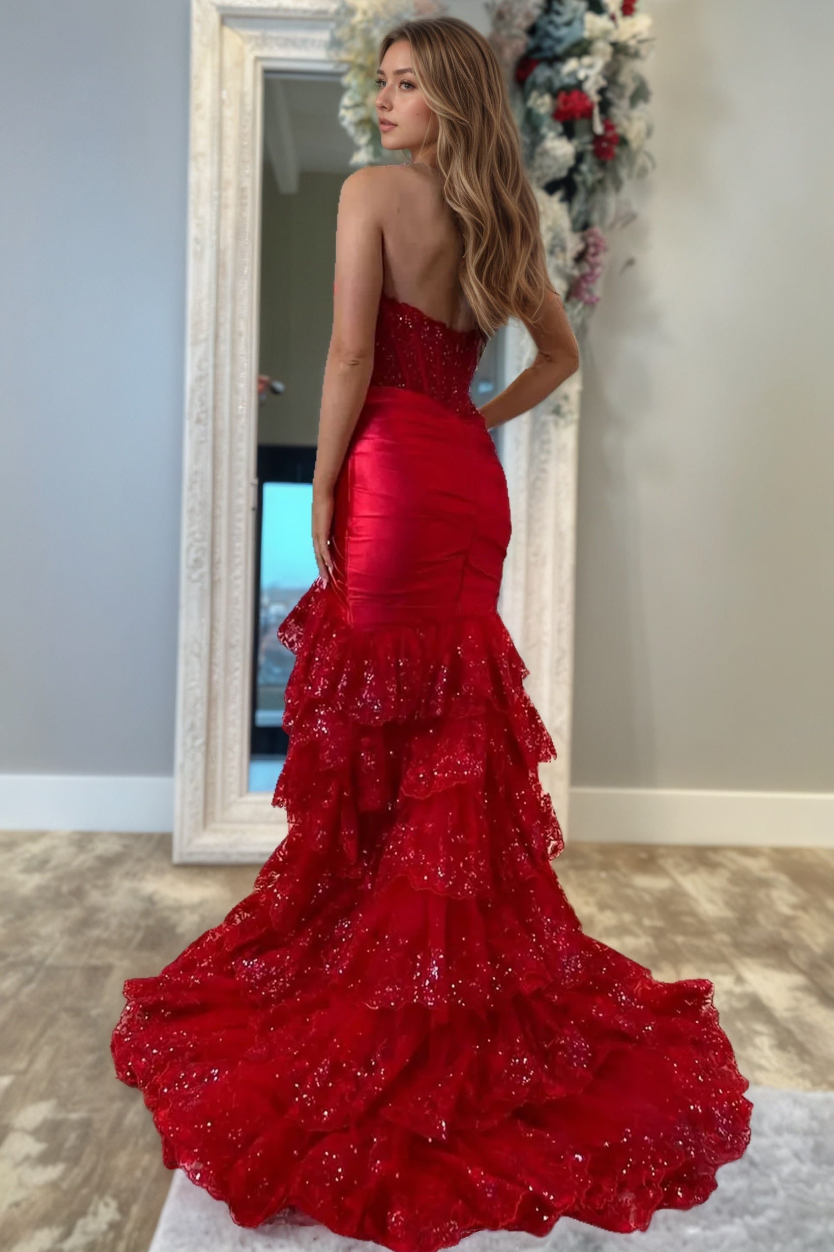 Red Sweetheart Mermaid Tulle Ruffled Long Corset Prom Dress with Sequin Appliques