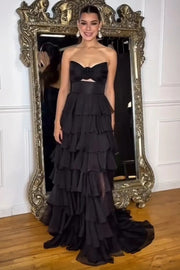 A-Line Black Sweetheart Chiffon Tiered Long Prom Dress with Slit