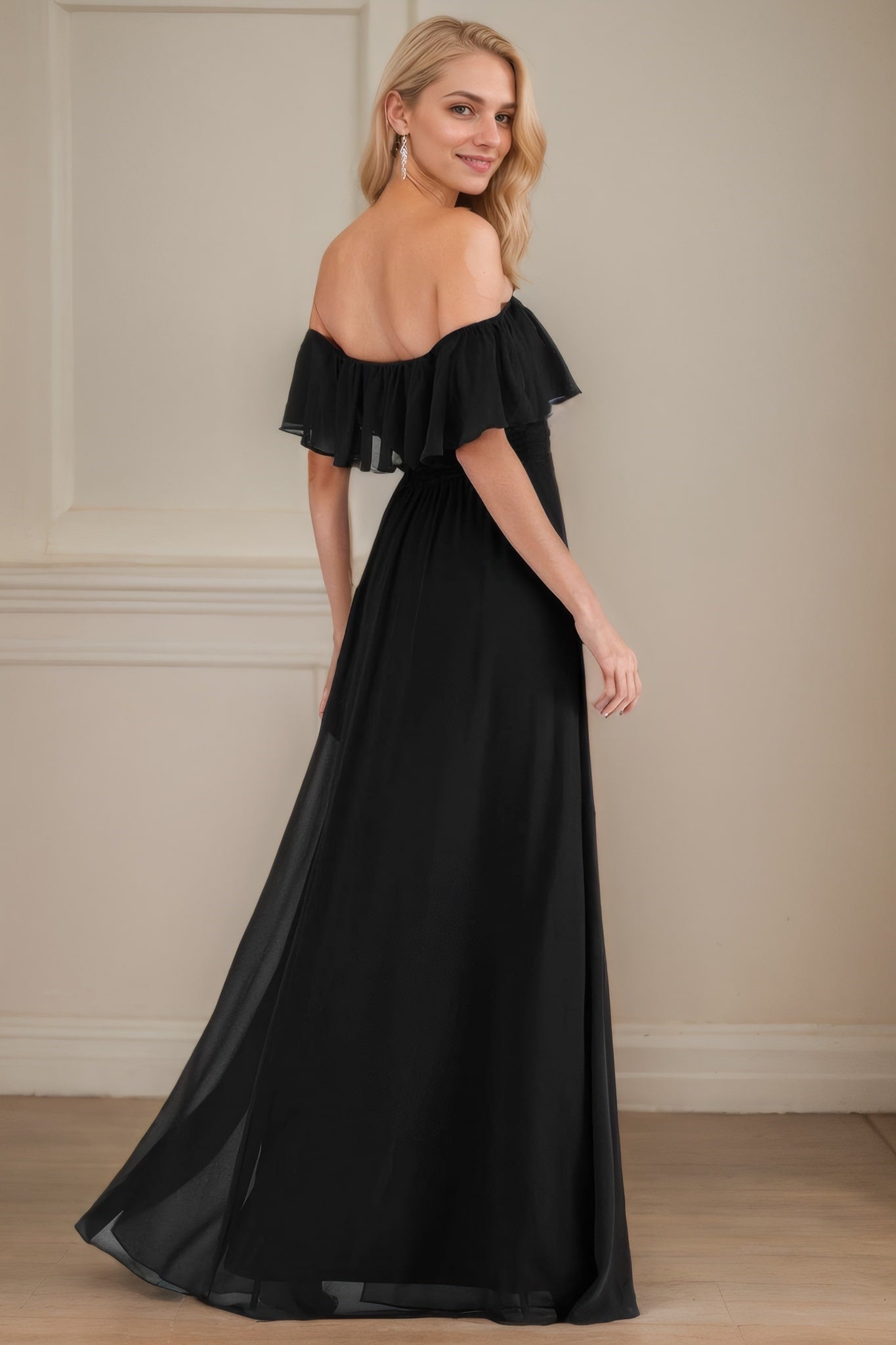 A-Line/Princess Chiffon Ruffles Off-the-Shoulder Short Sleeves Floor-Length Bridesmaid Dresses