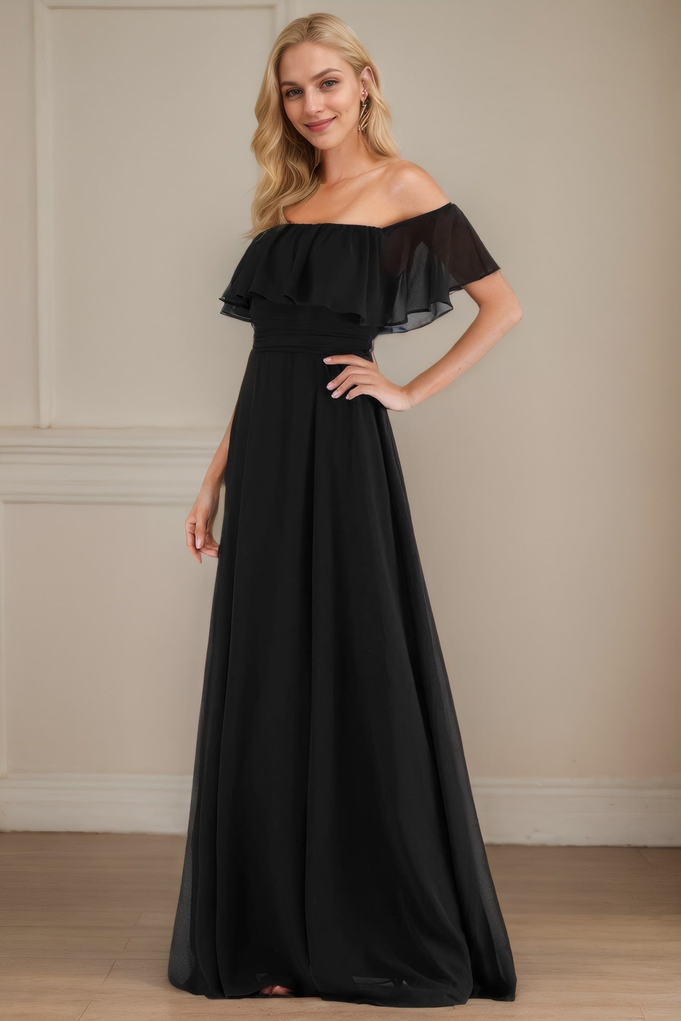 A-Line/Princess Chiffon Ruffles Off-the-Shoulder Short Sleeves Floor-Length Bridesmaid Dresses