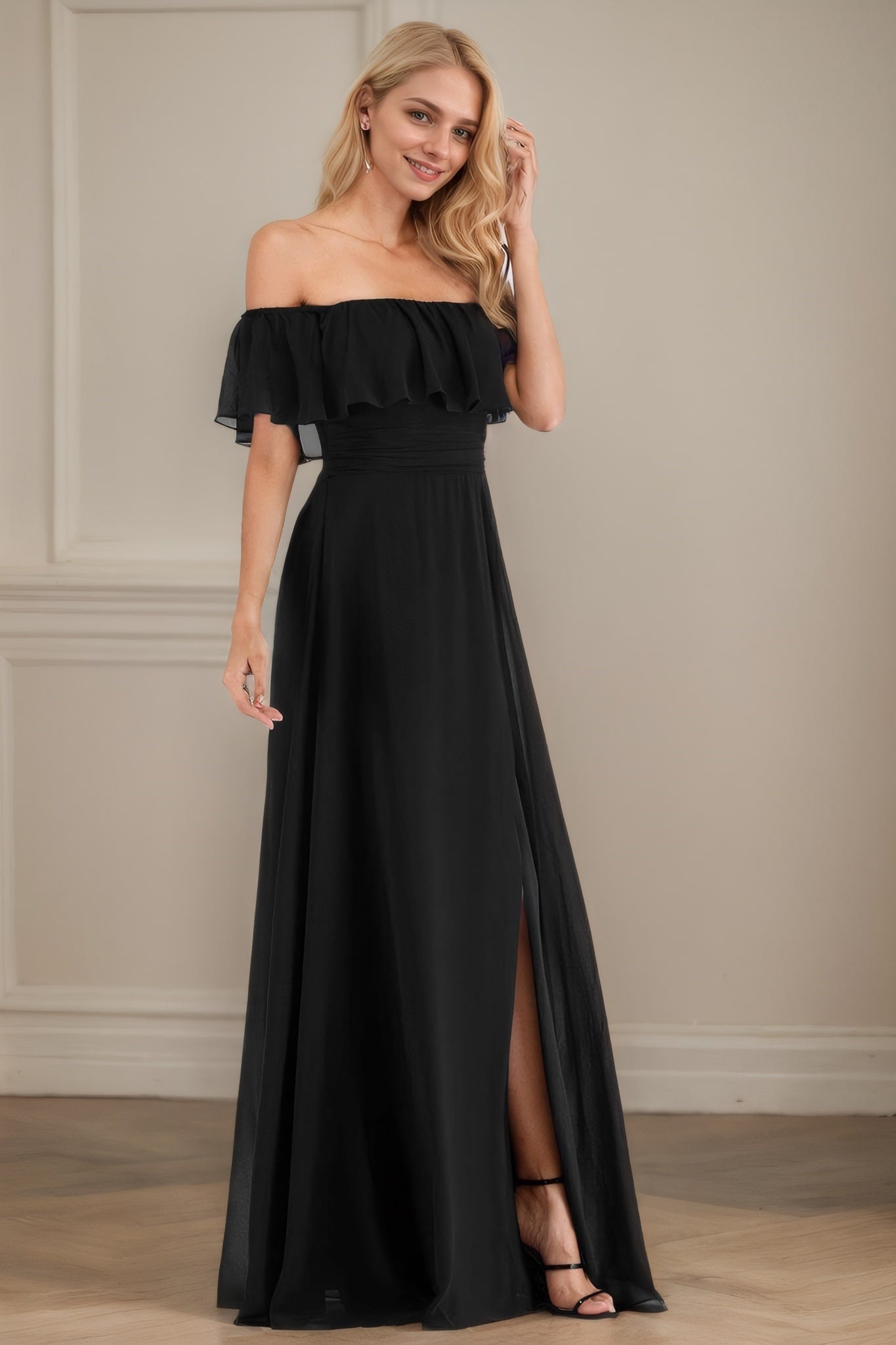 A-Line/Princess Chiffon Ruffles Off-the-Shoulder Short Sleeves Floor-Length Bridesmaid Dresses