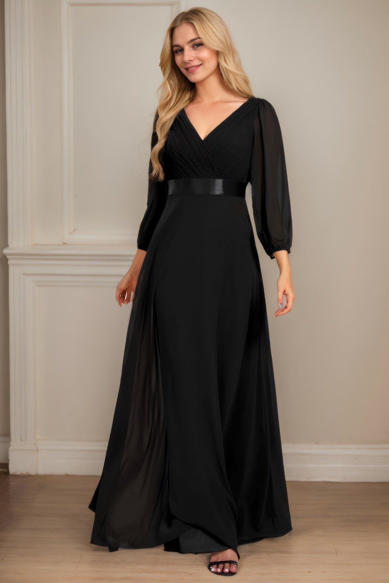 A-Line/Princess Chiffon Ruched V-neck Long Sleeves Floor-Length Bridesmaid Dresses