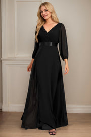 A-Line/Princess Chiffon Ruched V-neck Long Sleeves Floor-Length Bridesmaid Dresses