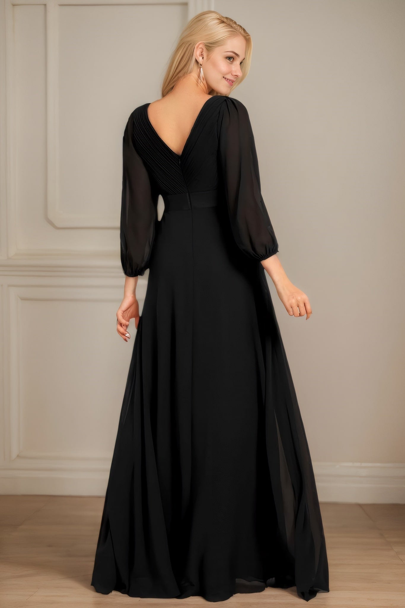 A-Line/Princess Chiffon Ruched V-neck Long Sleeves Floor-Length Bridesmaid Dresses