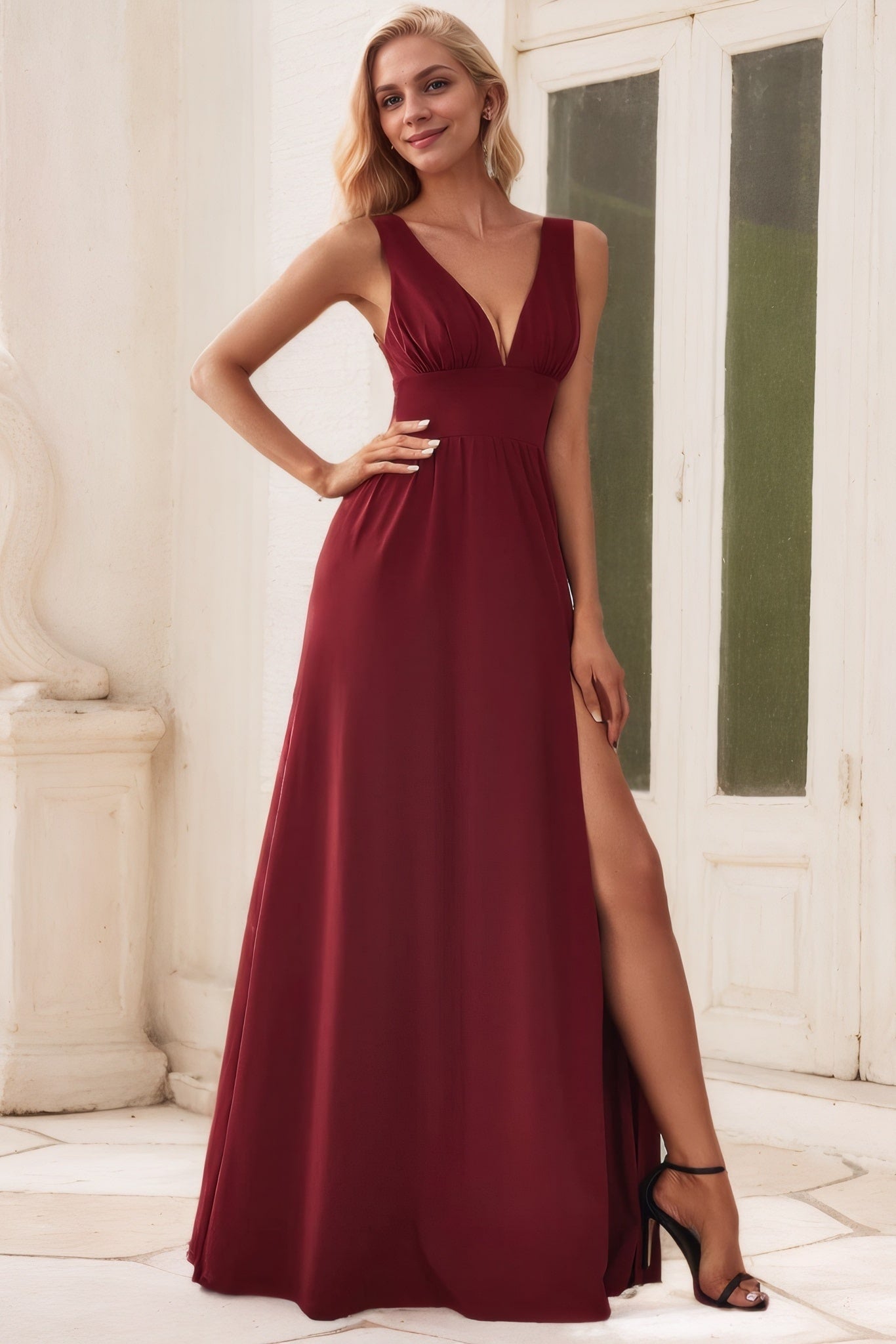 A-Line/Princess Chiffon V-neck Sleeveless Floor-Length Bridesmaid Dresses