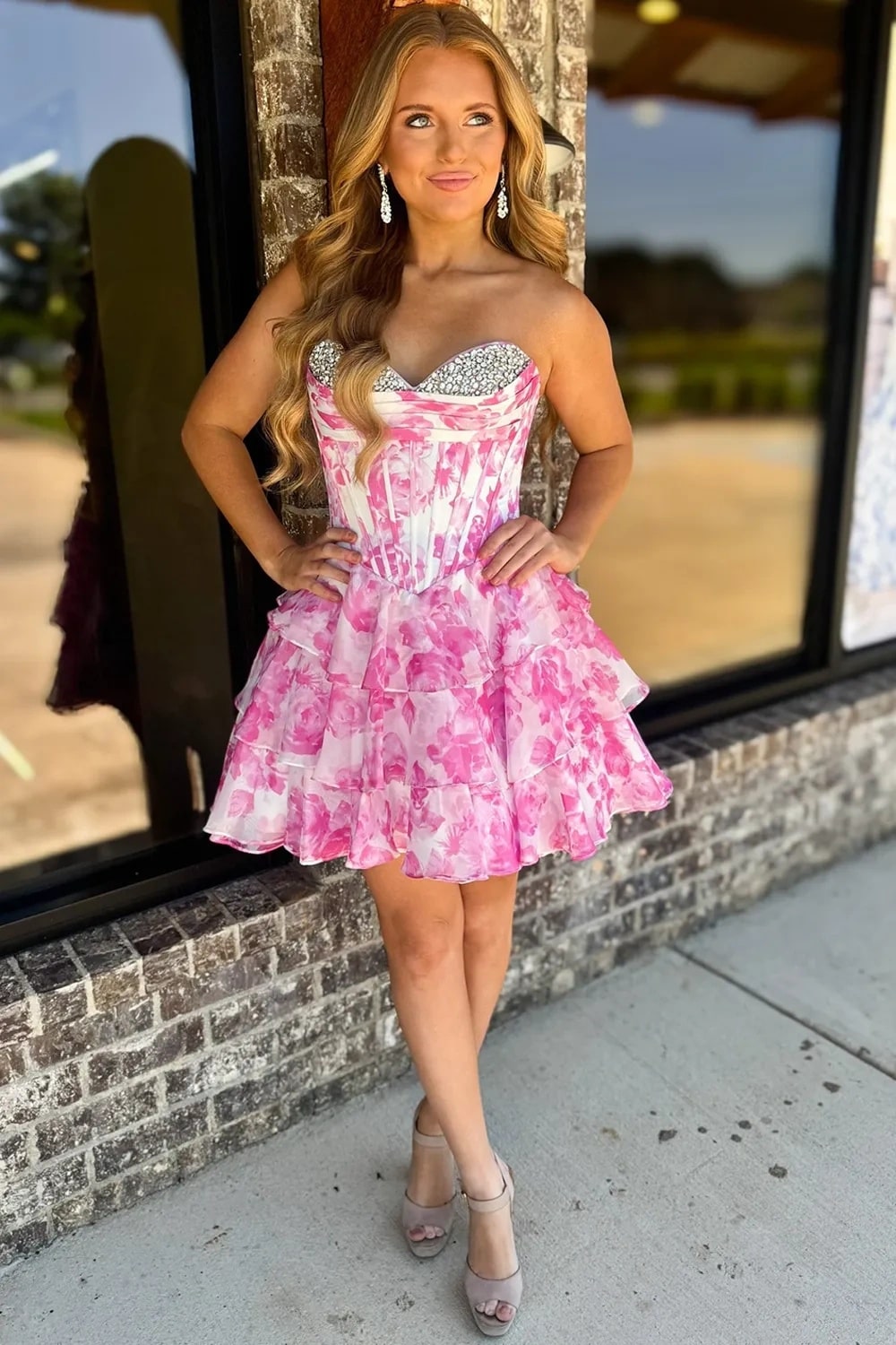 A Line Sparkly Pink Corset Short Floral Homecoming Dress with Beading