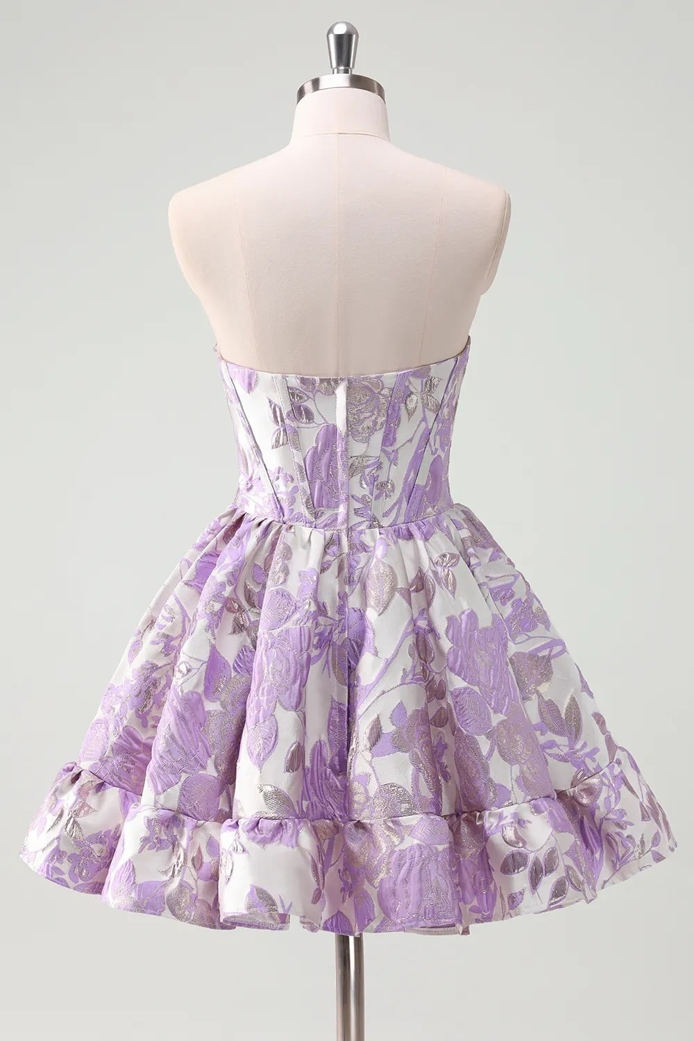 A Line Blue Strapless Floral Printed Corset Short Homecoming Dress with Ruffles