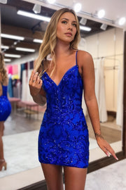 Bodycon Spaghetti Straps Royal Blue Short Homecoming Dress with Embroidery