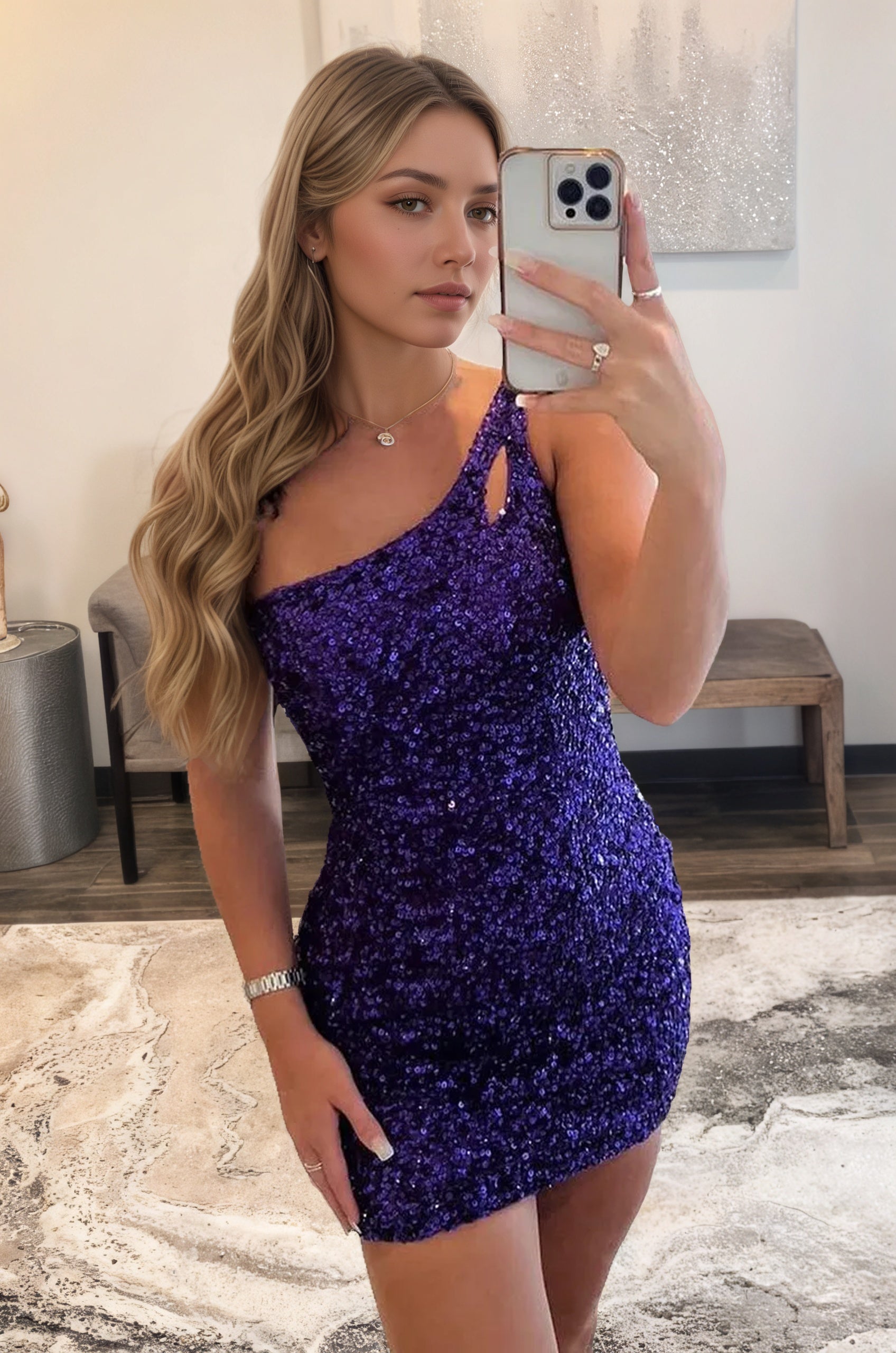 Sparkly Bodycon One Shoulder Dark Purple Sequins Short Homecoming Dress with Keyhole