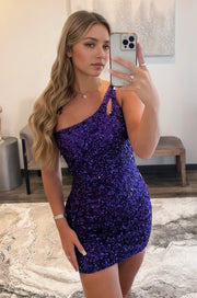 Sparkly Bodycon One Shoulder Dark Purple Sequins Short Homecoming Dress with Keyhole
