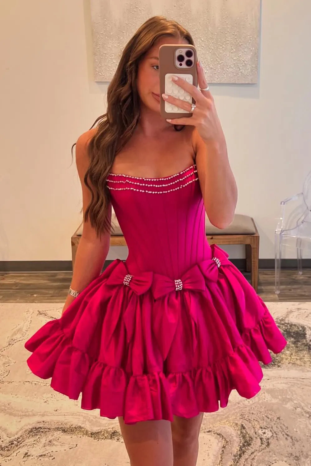 A Line Fuchsia Strapless Satin Short Homecoming Dress with Bow