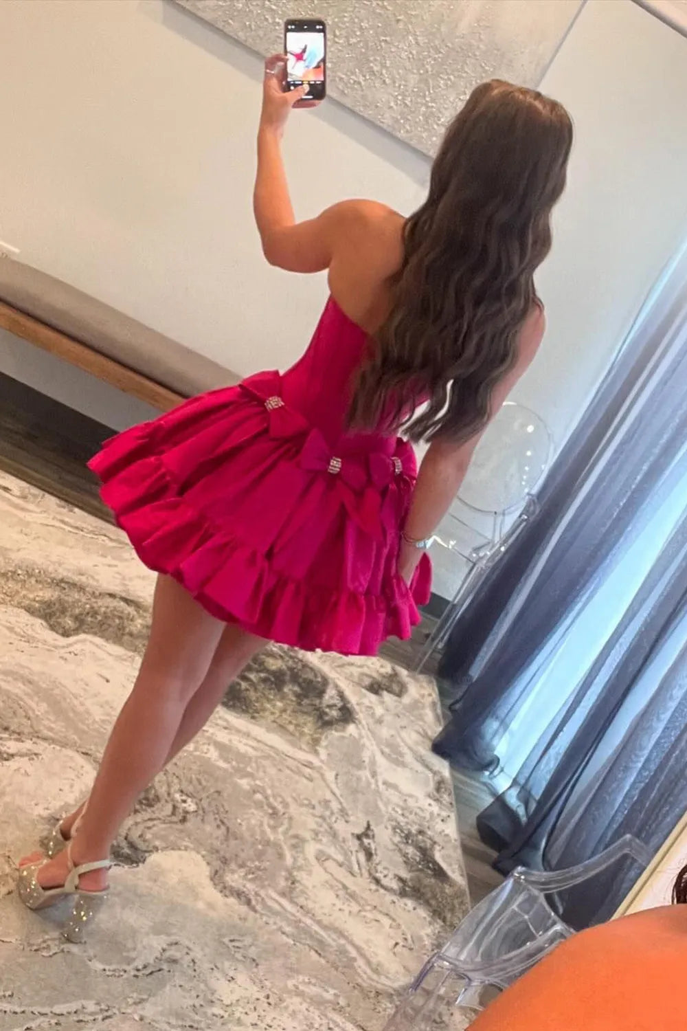 A Line Fuchsia Strapless Satin Short Homecoming Dress with Bow