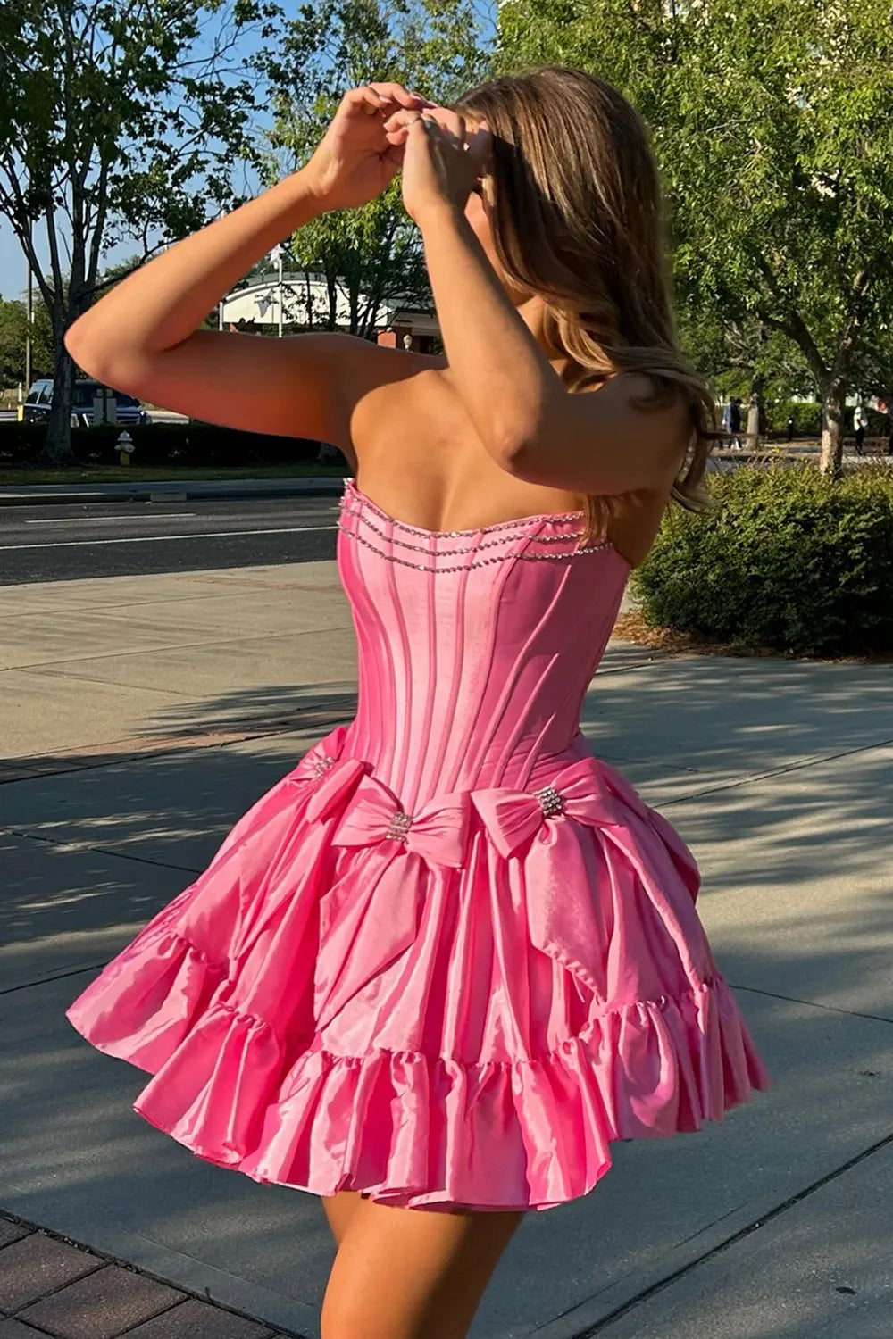 A Line Fuchsia Strapless Satin Short Homecoming Dress with Bow