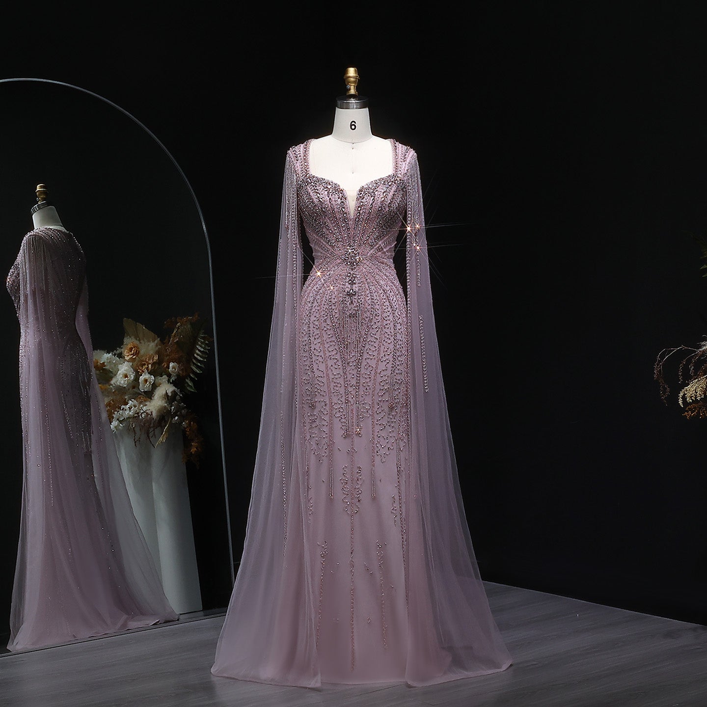 Luxury Mermaid Evening Dress with Cape Sleeves SS024  Pink / US 18