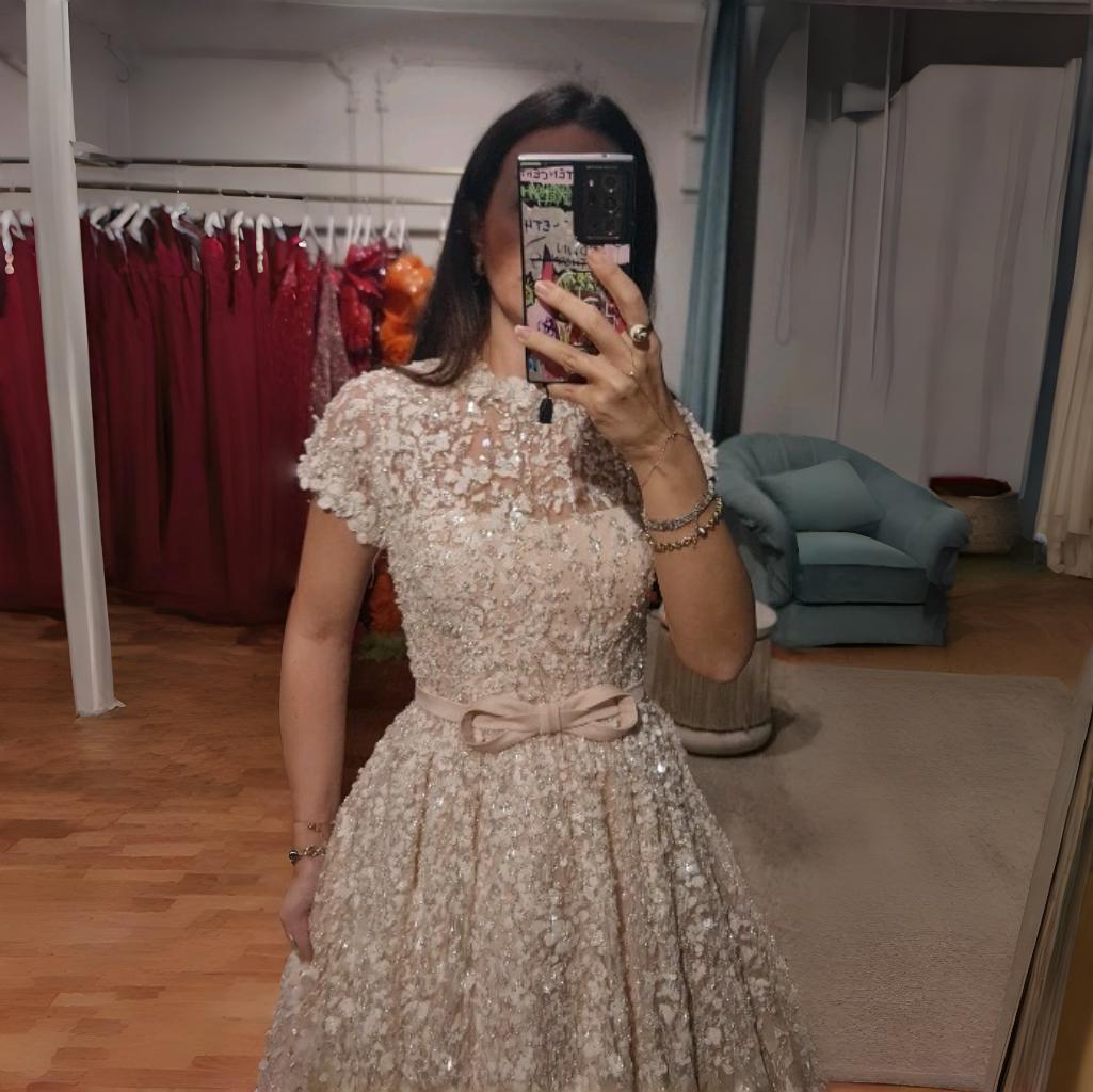 Luxury Peach Beaded Evening Dress with 3D flowers SS304