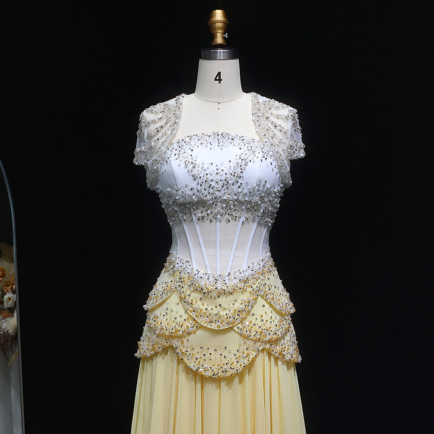 Luxury Pearls Tassel Blue and Yellow Evening Dress with Flowing coat SS286