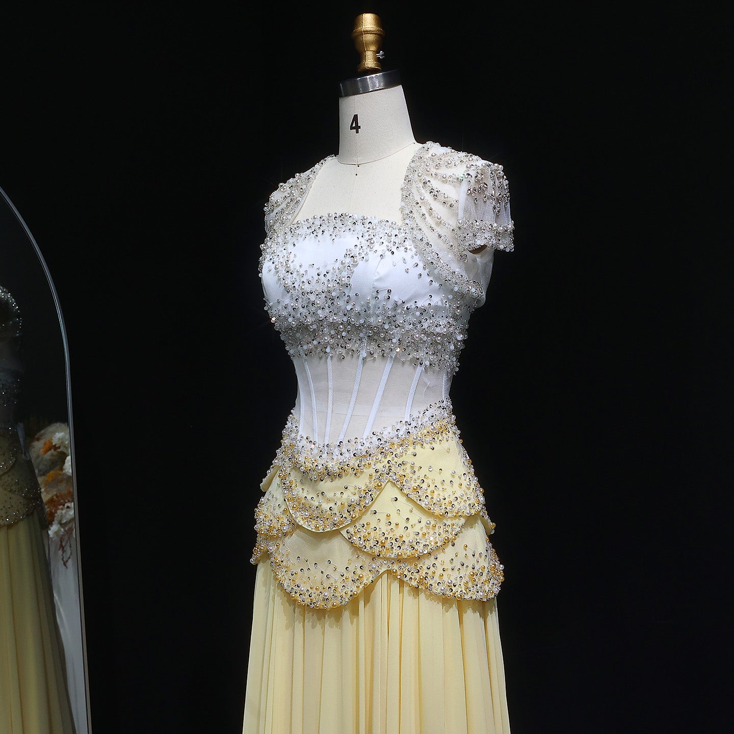 Luxury Pearls Tassel Blue and Yellow Evening Dress with Flowing coat SS286