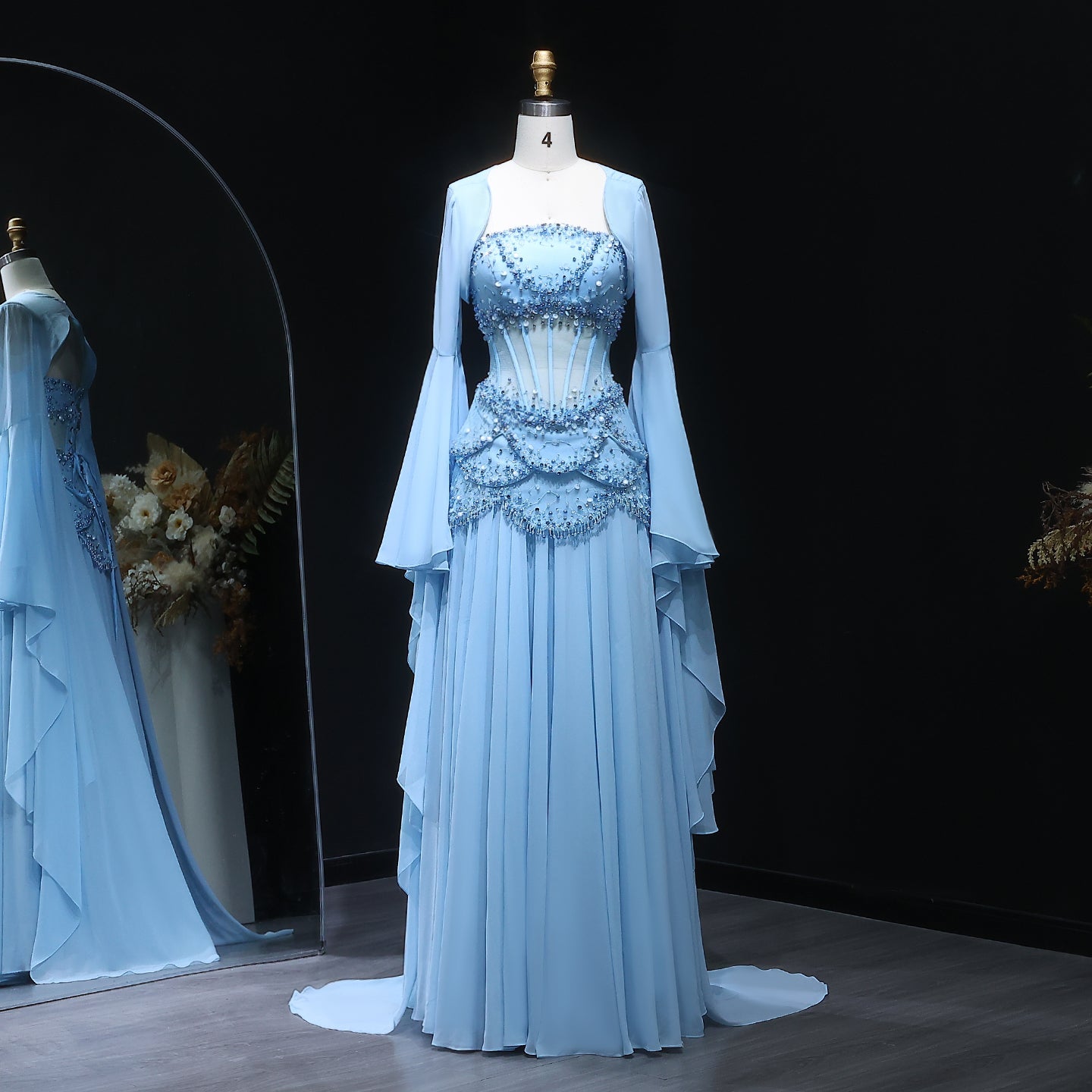 Luxury Pearls Tassel Blue and Yellow Evening Dress with Flowing coat SS286  Blue Long Sleeves / US 20