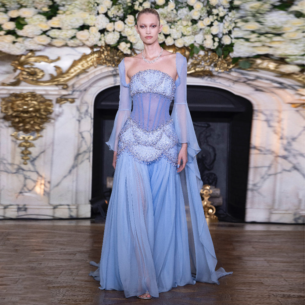 Luxury Pearls Tassel Blue and Yellow Evening Dress with Flowing coat SS286