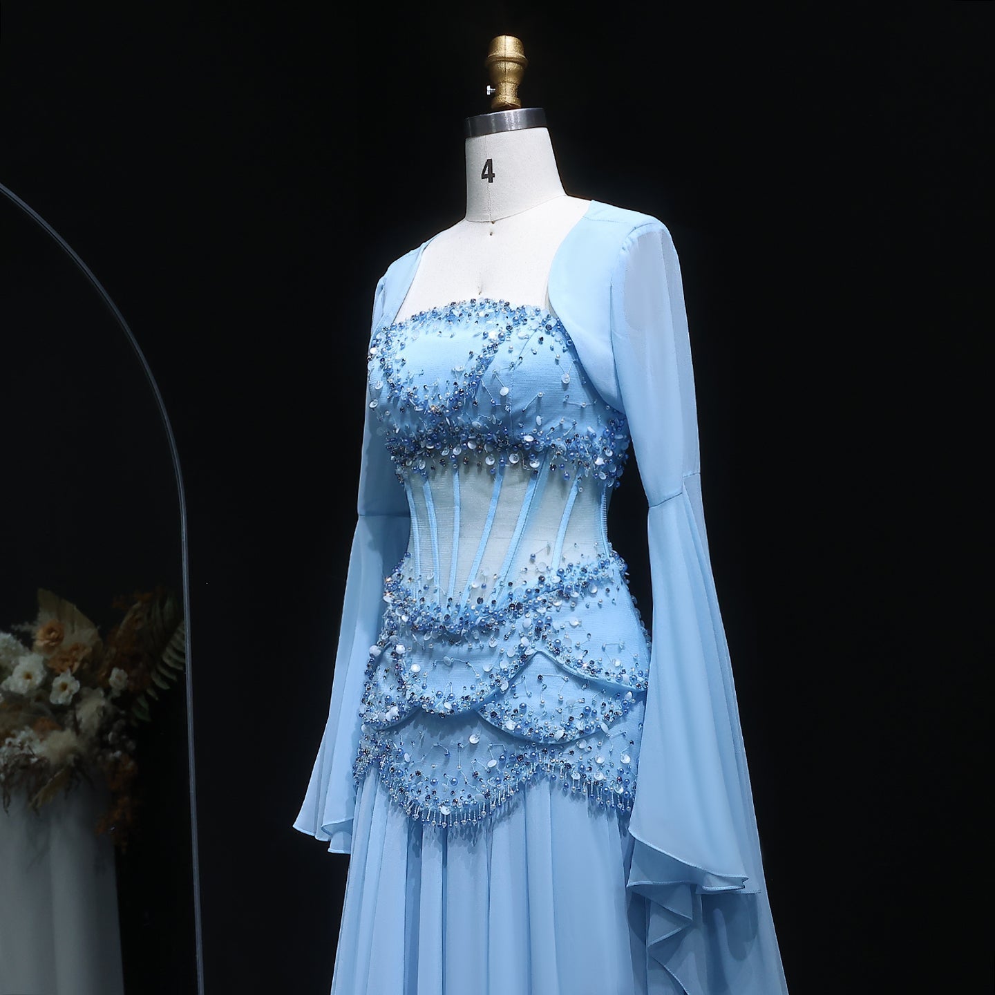 Luxury Pearls Tassel Blue and Yellow Evening Dress with Flowing coat SS286