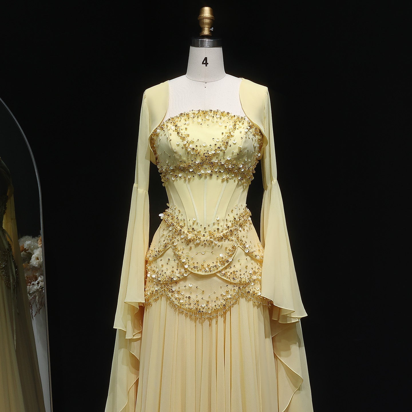 Luxury Pearls Tassel Blue and Yellow Evening Dress with Flowing coat SS286