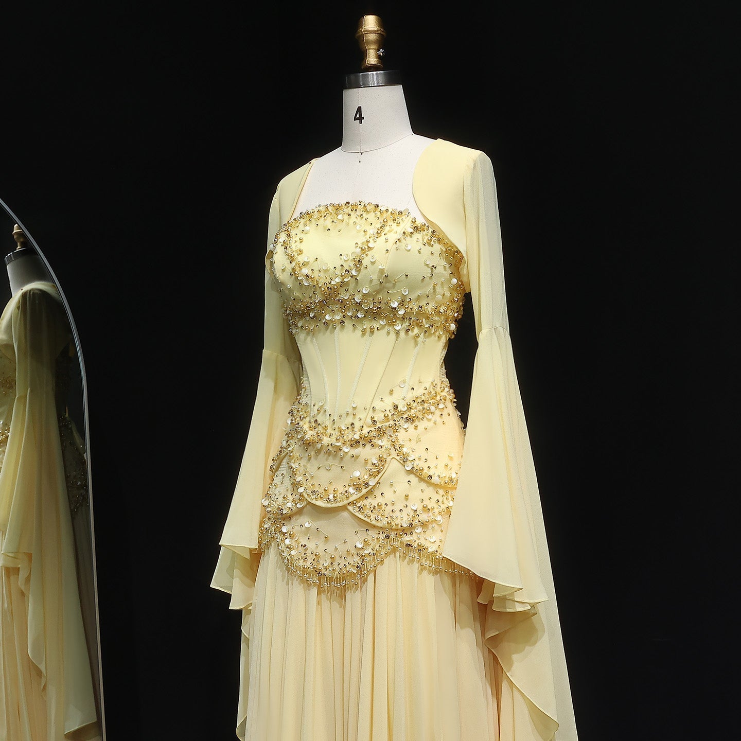 Luxury Pearls Tassel Blue and Yellow Evening Dress with Flowing coat SS286