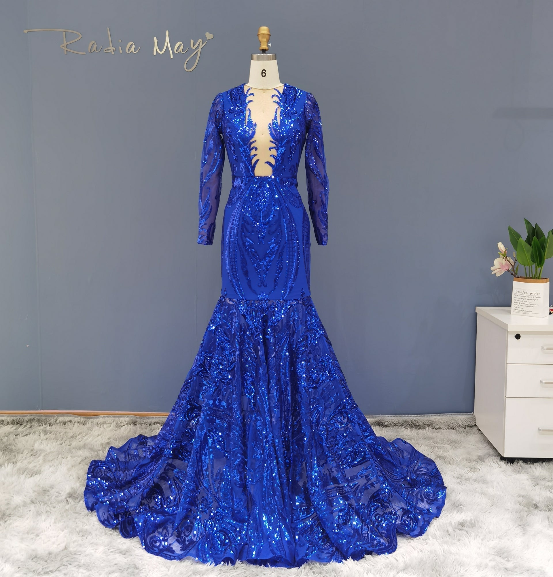 Luxury Sequin Long Sleeves Blue Prom Dress RM147  Blue / US 16