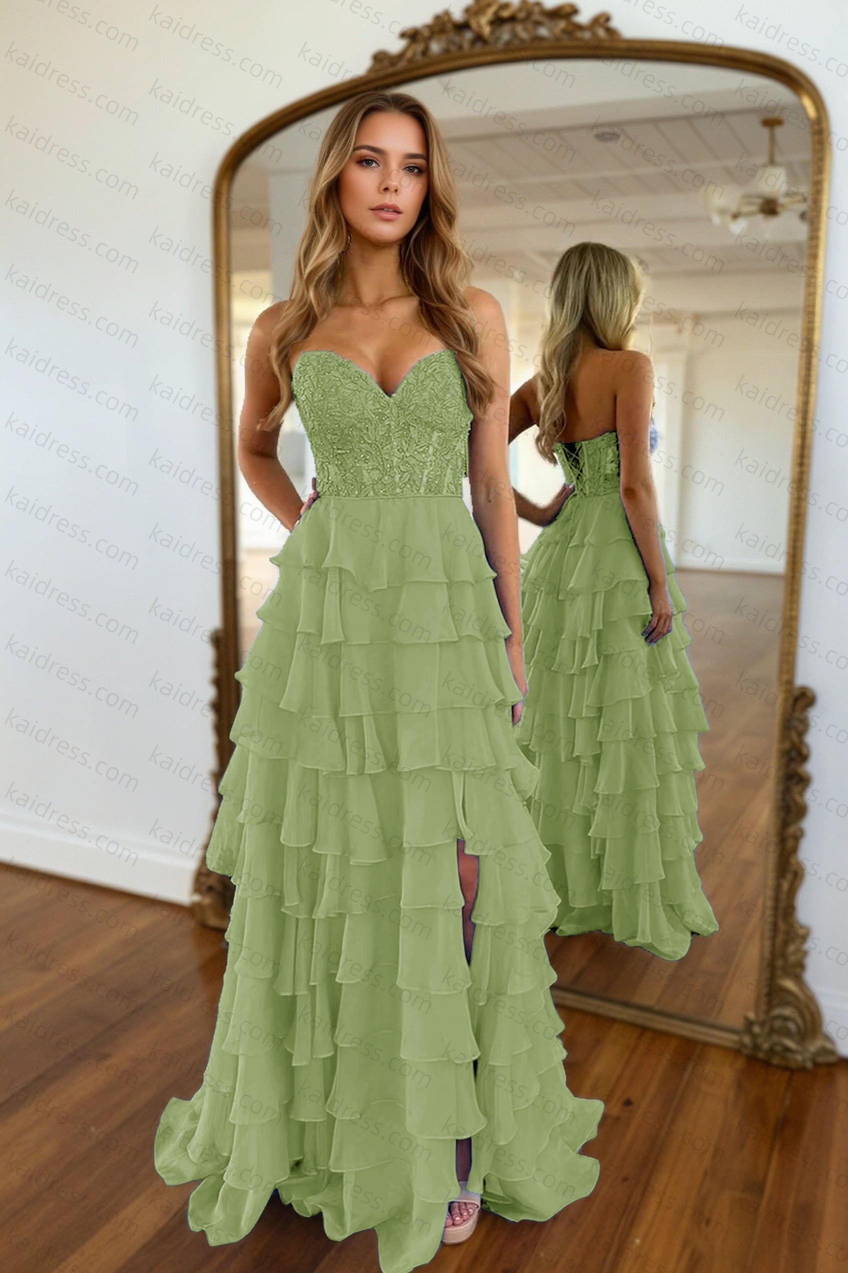 A-line/Princess Chiffon Fuchsia Sweetheart Tiered Ruffles Prom Dress with Slit Applique