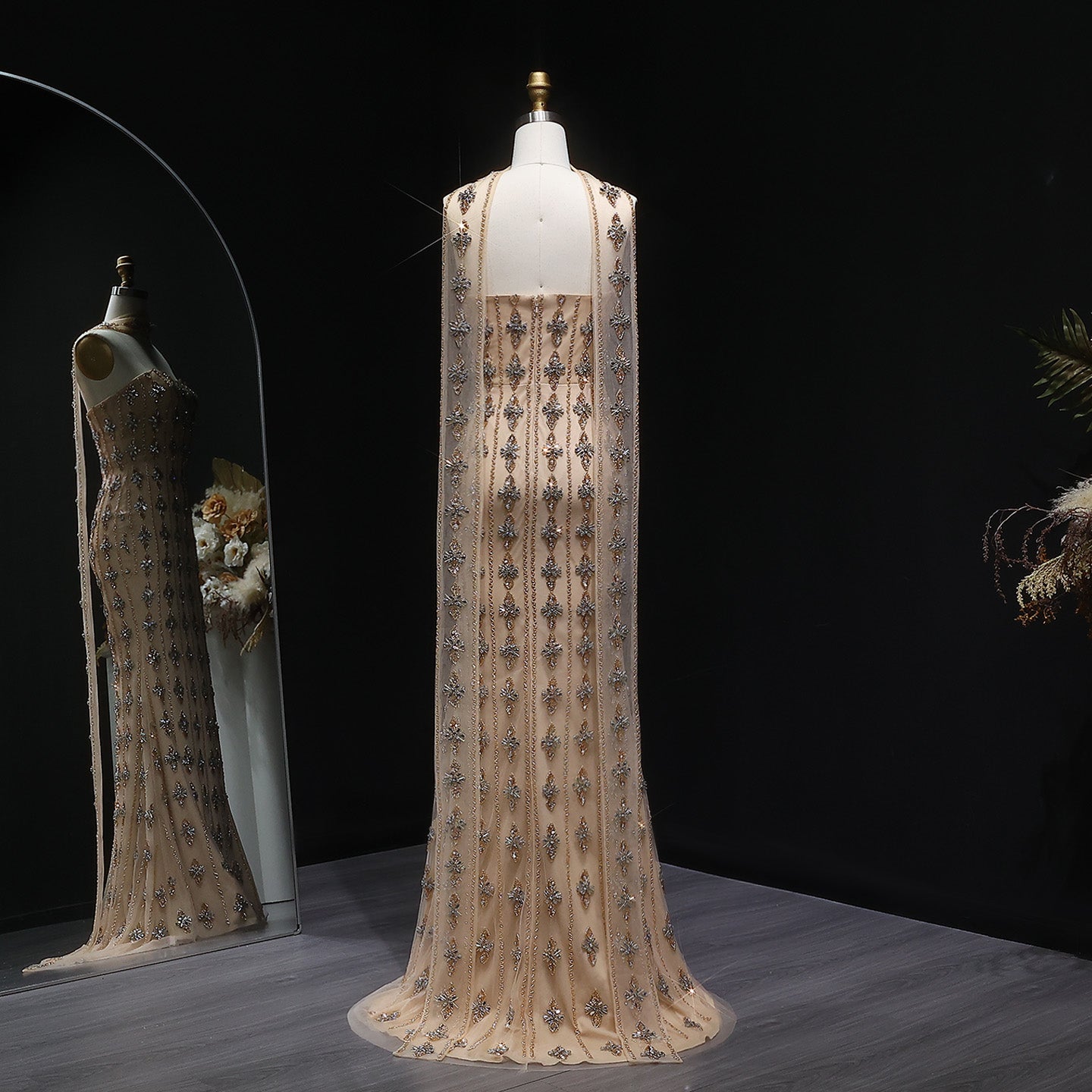 Luxury Beaded Nude Strapless Evening Dress with Scarf SS229