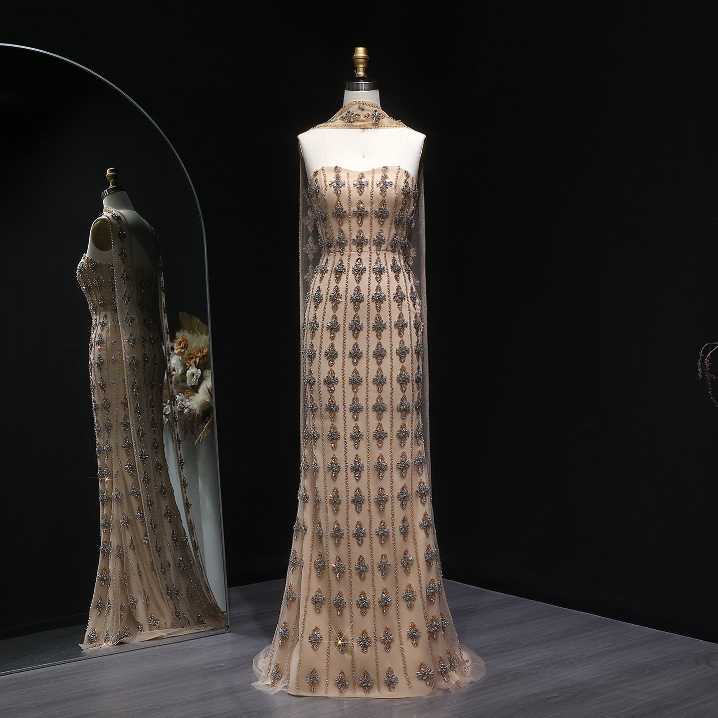 Luxury Beaded Nude Strapless Evening Dress with Scarf SS229  Nude / US 18