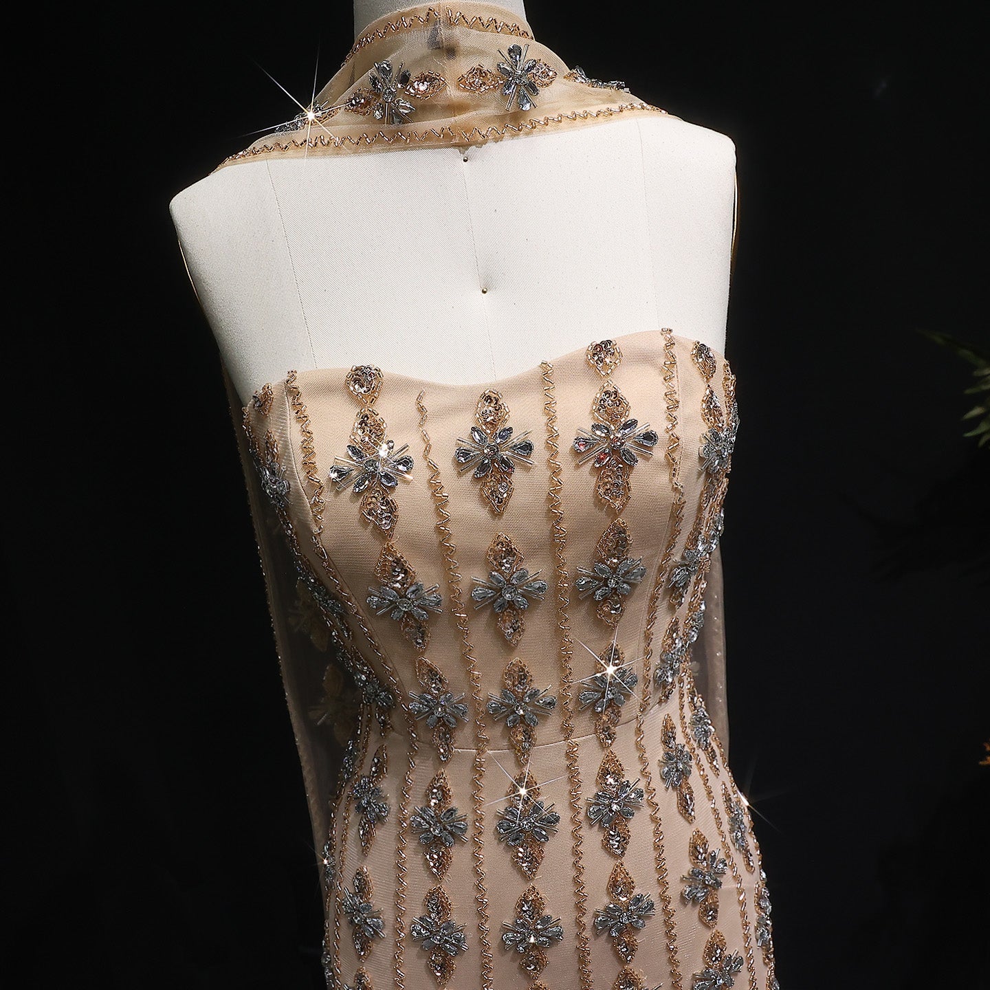 Luxury Beaded Nude Strapless Evening Dress with Scarf SS229