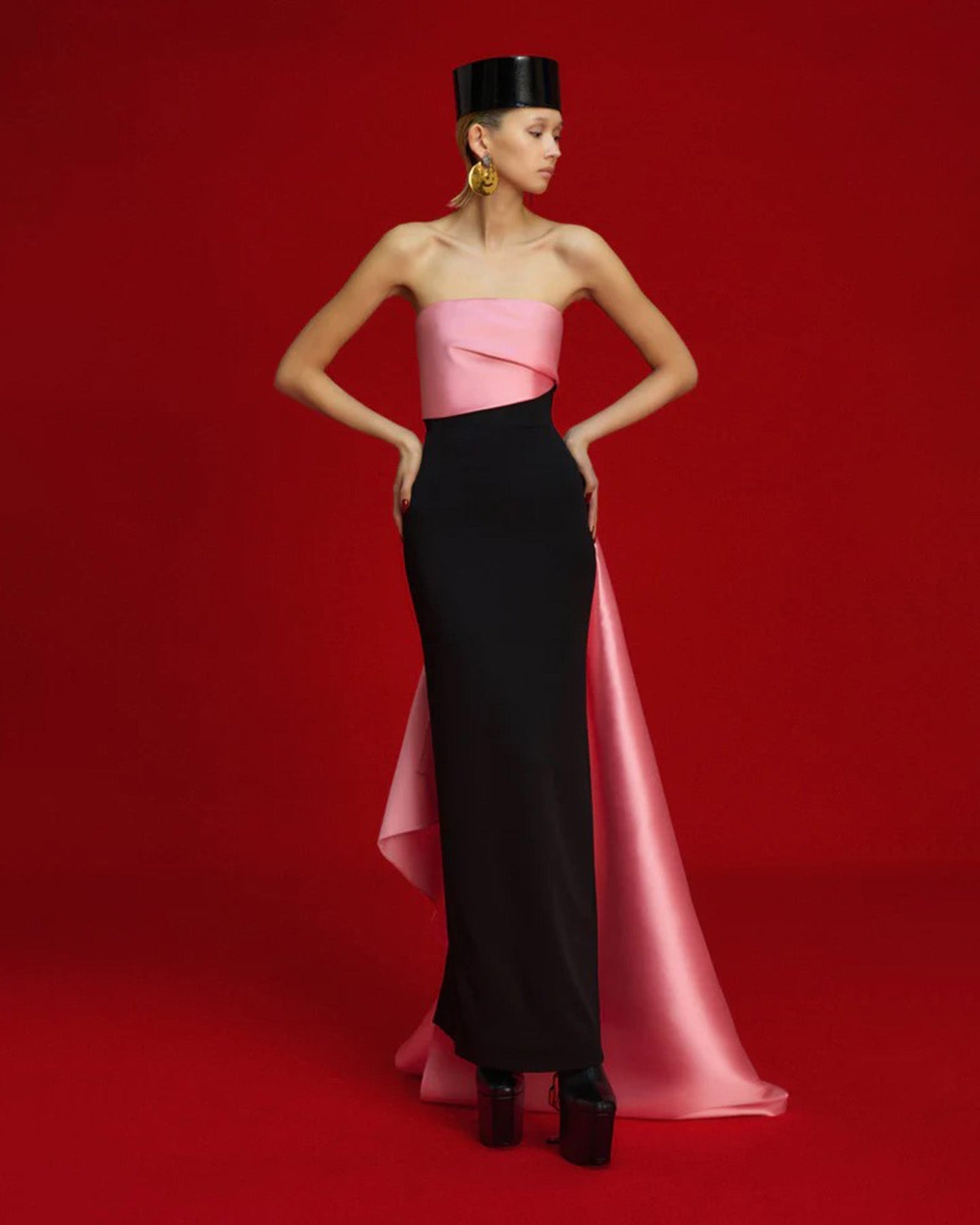 Elegant Pink Strapless Evening Dress with Gloves SF123  Pink and Black / US 16