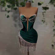 Green Crystal Tassel Velvet Short Cocktail Party Dress RM049