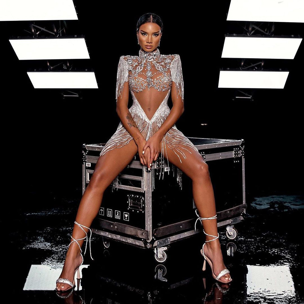 Luxury Crystal Tassels High-Neck Short Cocktail Dress RM113