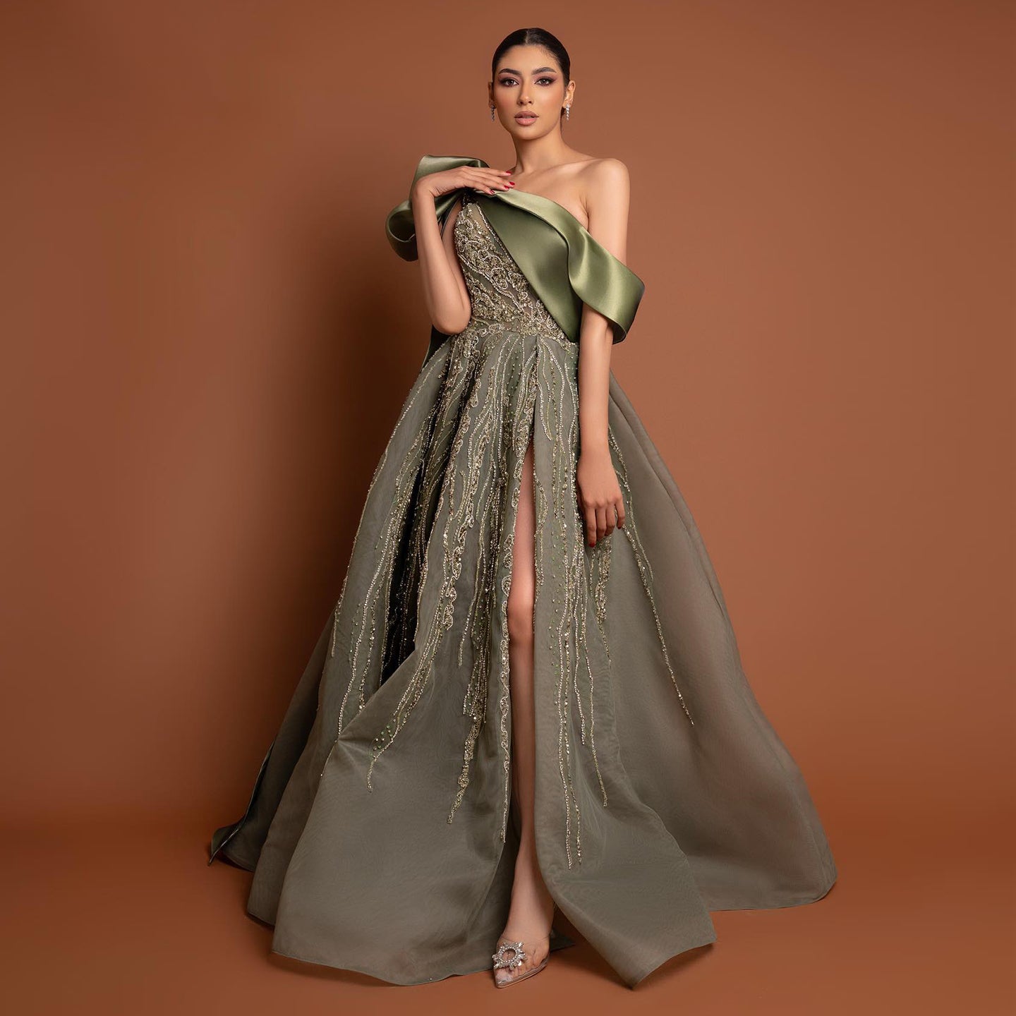 Luxury One Shoulder Olive Green Evening Dress SS323  Olive Green / US 16
