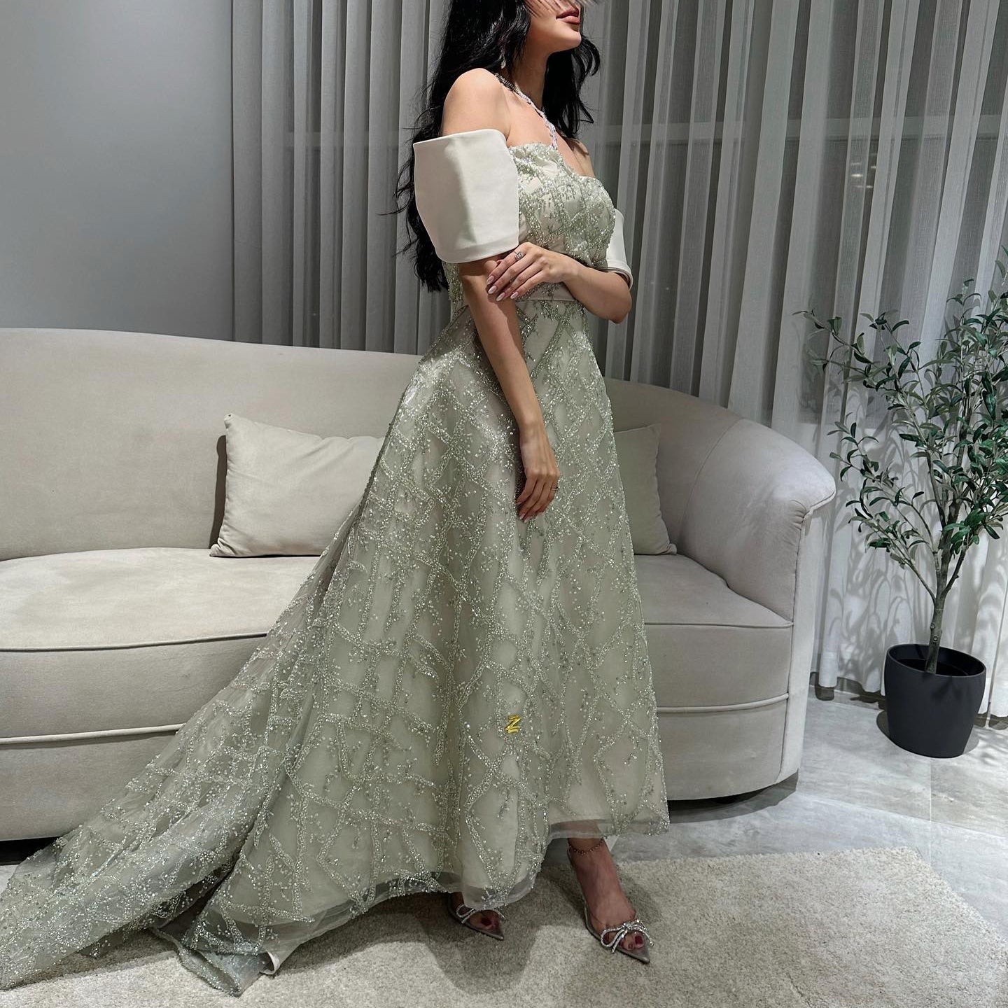 Elegant Sage Green Off Shoulder Evening Dress SS427